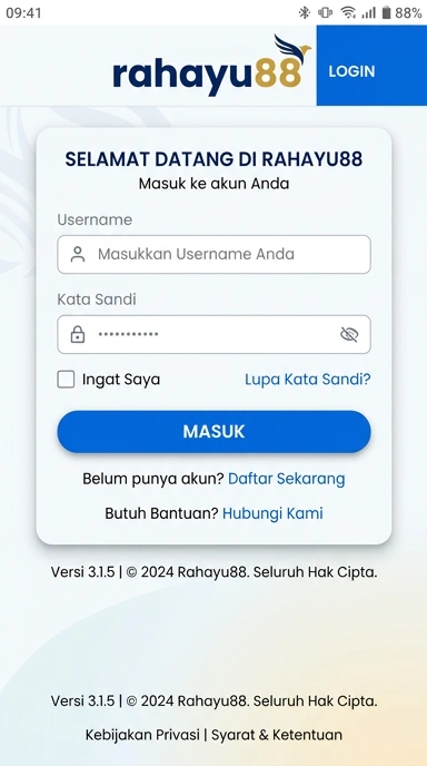 Tampilan halaman login rahayu88